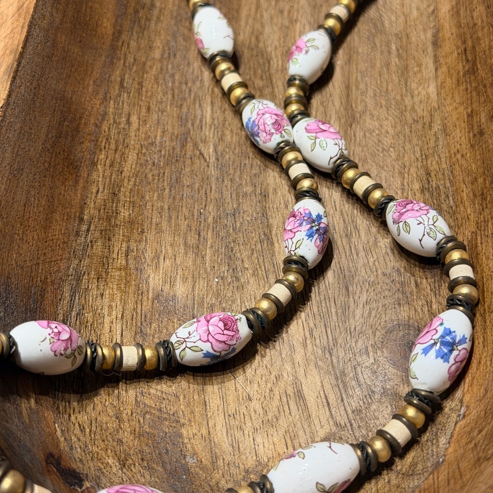 Floral Beaded Necklace with Gold Accents approx 24”